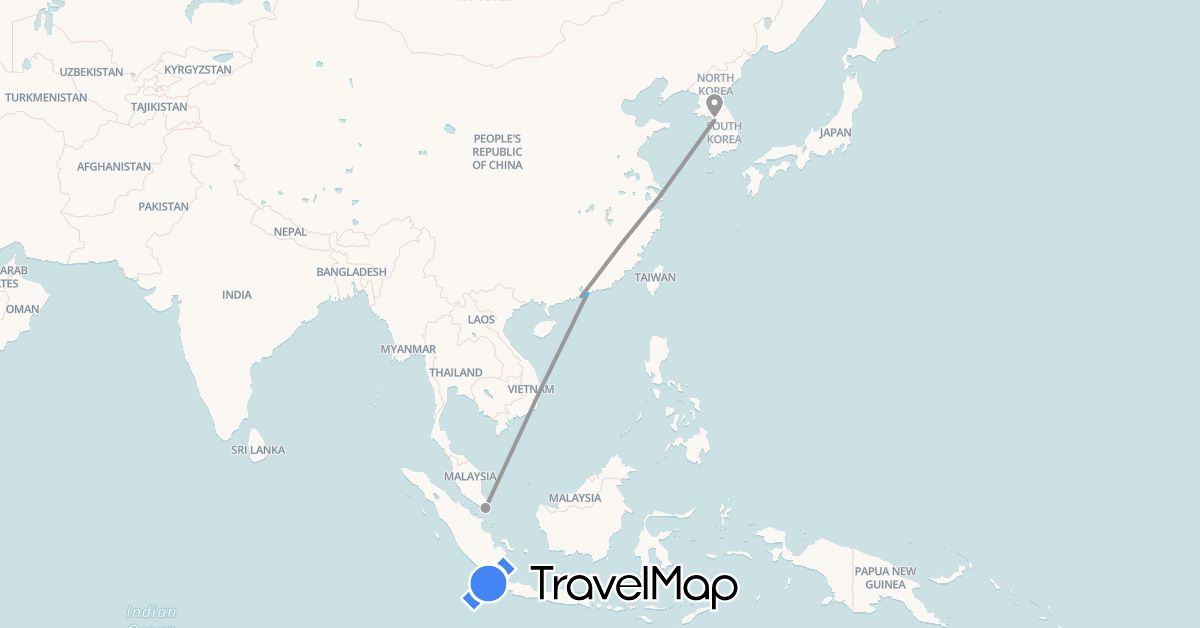 TravelMap itinerary: driving, plane, boat in China, Hong Kong, South Korea, Macau, Singapore (Asia)